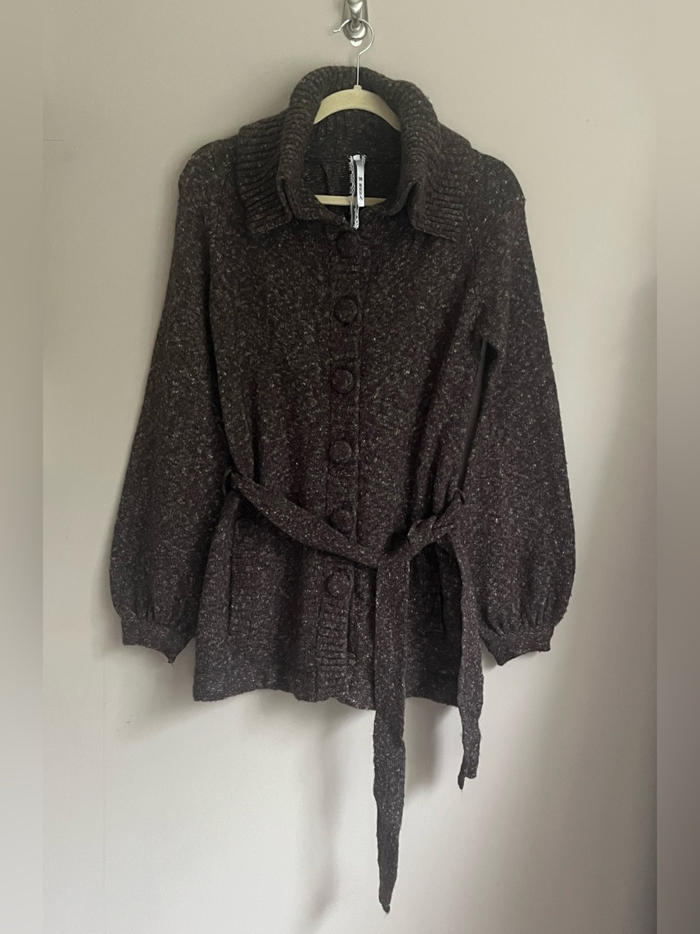 M. Rena brown marled knit button-front belted cardigan sweater size small